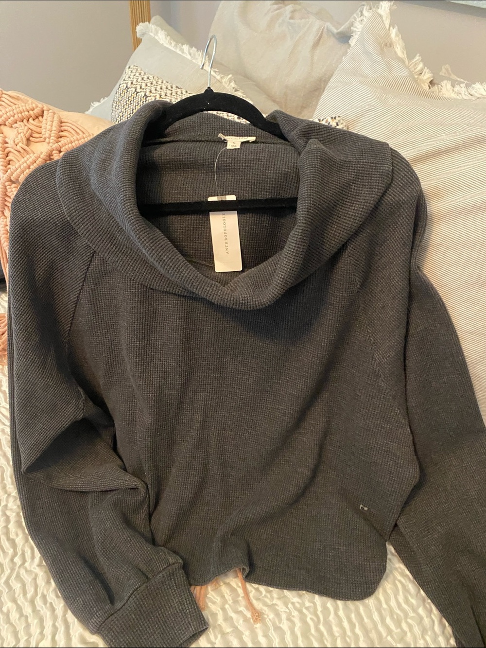 Anthropologie Charcoal Gray Waffle Cowl Neck Sweater